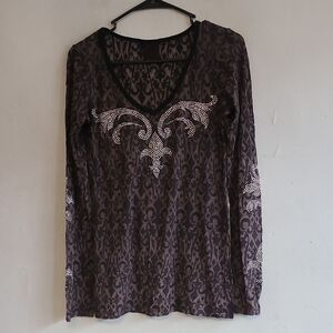 Women's medium Y2K lightweight long sleeve tee t-shirt Auangar w/rhinestones